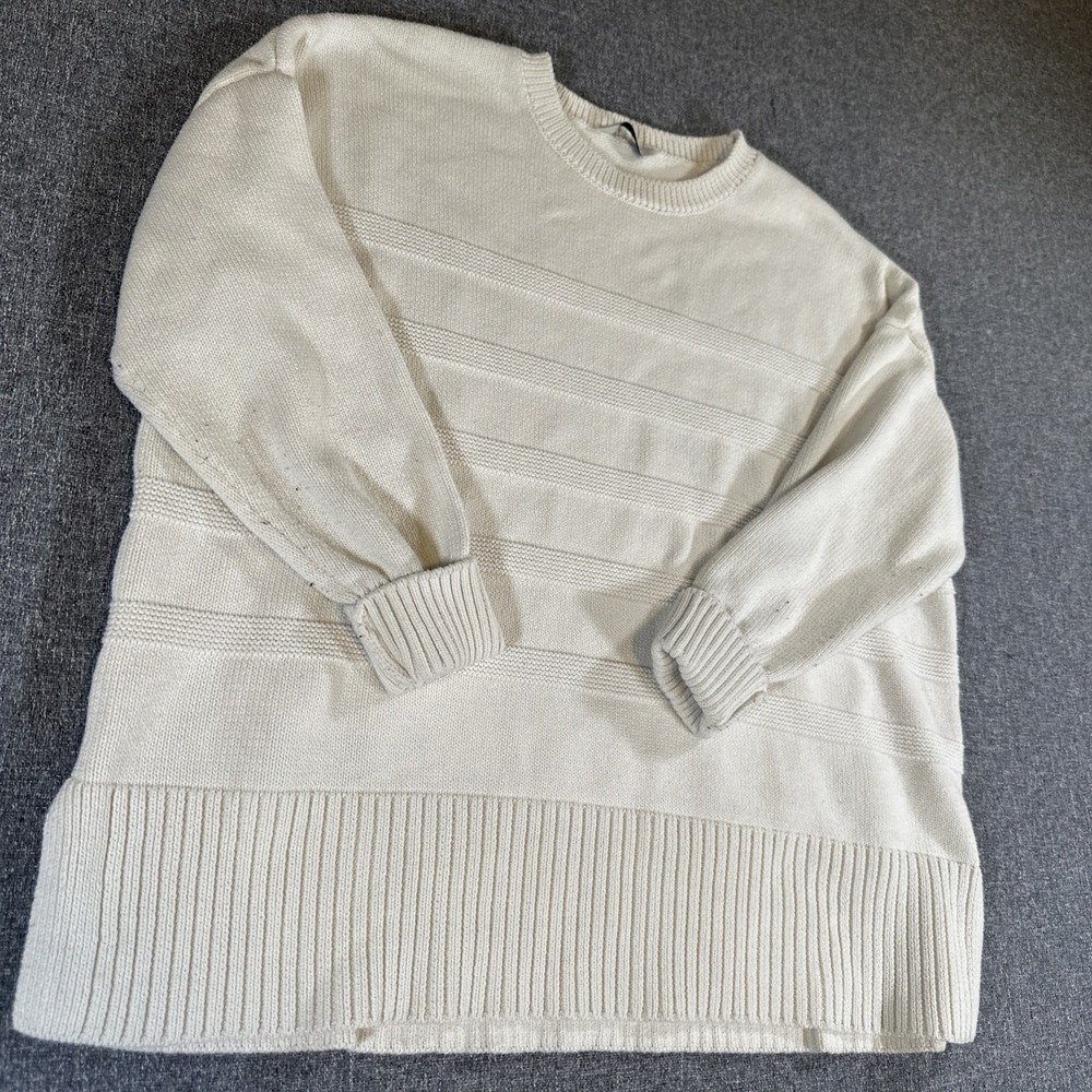 Denver Hayes XL Cream White Knit Sweater Ribbed Crewneck Striped